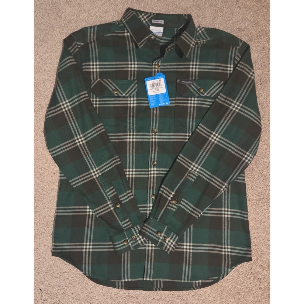 Columbia Men's Flannel Shirt Mens Sz Medium Plaid Green Omni-Wick Long Sleeve